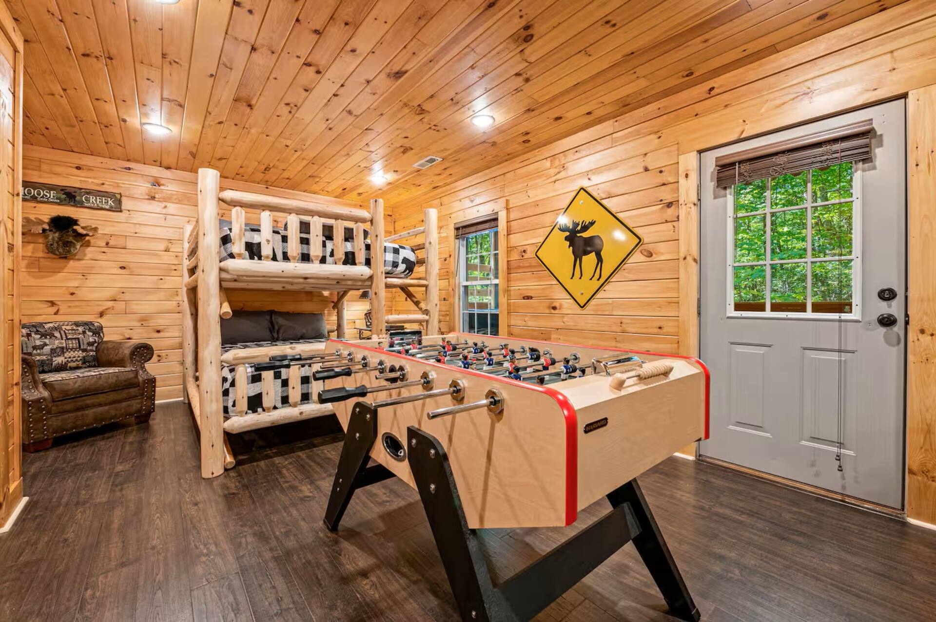 Log bunk beds in the game room